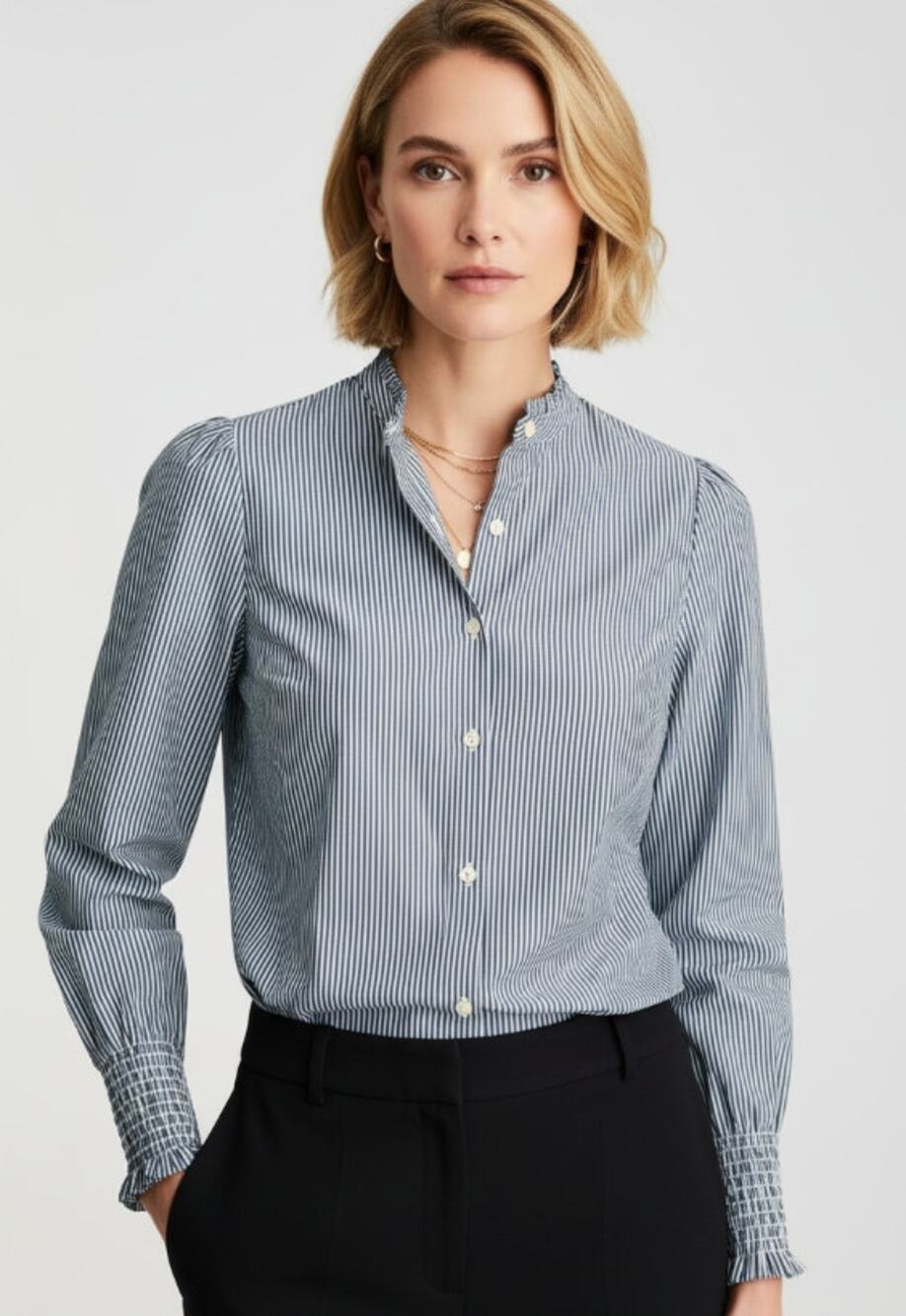 J. JILL RUFFLE COLLAR OXFORD STRIPED BUTTON DOWN BLOUSE SMOCKED CUFF SIZE MEDIUM